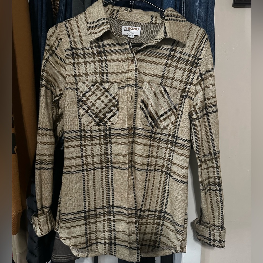 Ci Sono Beige and Black Plaid Shirt